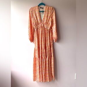 DELUC. Santana Tiered Tribal Patterned Maxi Dress Size Small Empire Waist Orange